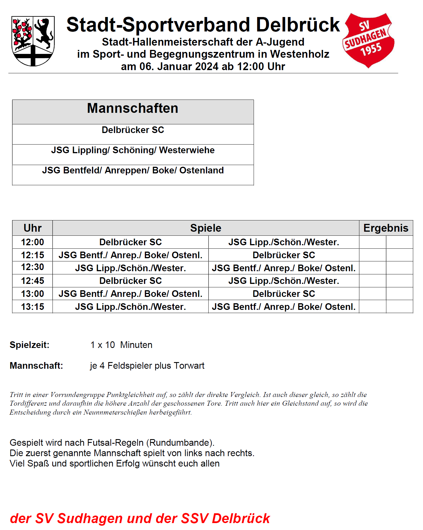 Der Turnierplan für A-Jugend-Mannschaften mit den Spielen um den Delbrücker Stadtpokal