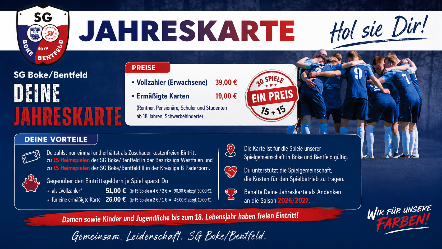 Jahreskarten für die Heimspiele der SG Boke/Bentfeld sind ab dem 7. Juli 2026 erhältlich
